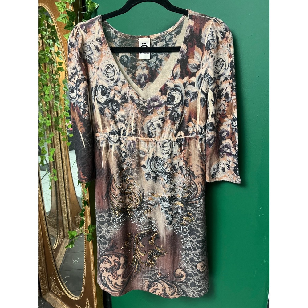 S-Twelve Floral Baroque Rhinestone Empire Waist Dress Brown Tan XL 3/4 Sleeve